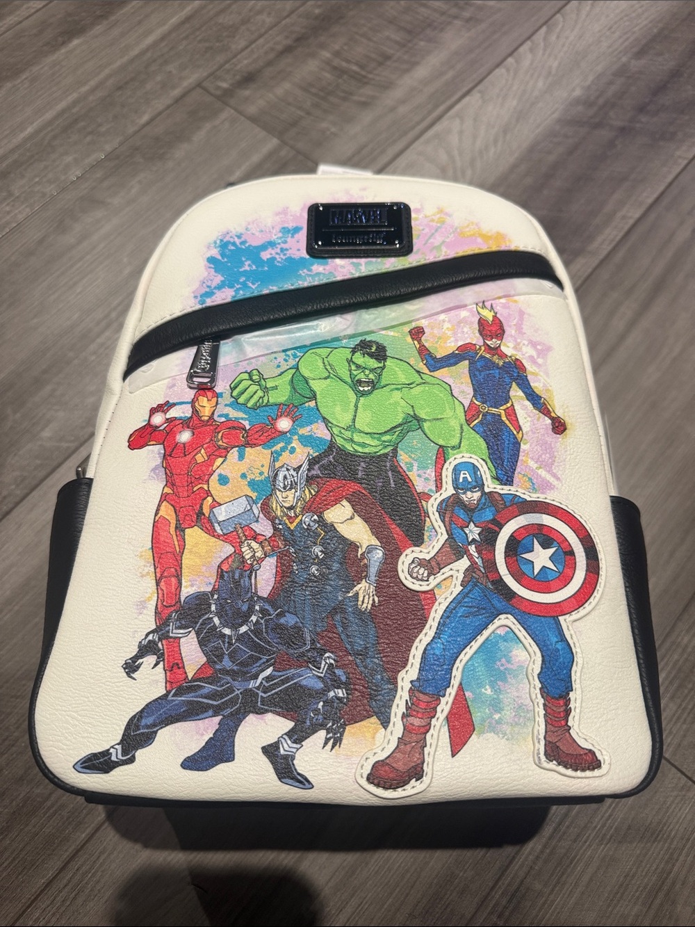 Loungefly Marvel White Mini Backpack with Multicolor Avengers Graphic